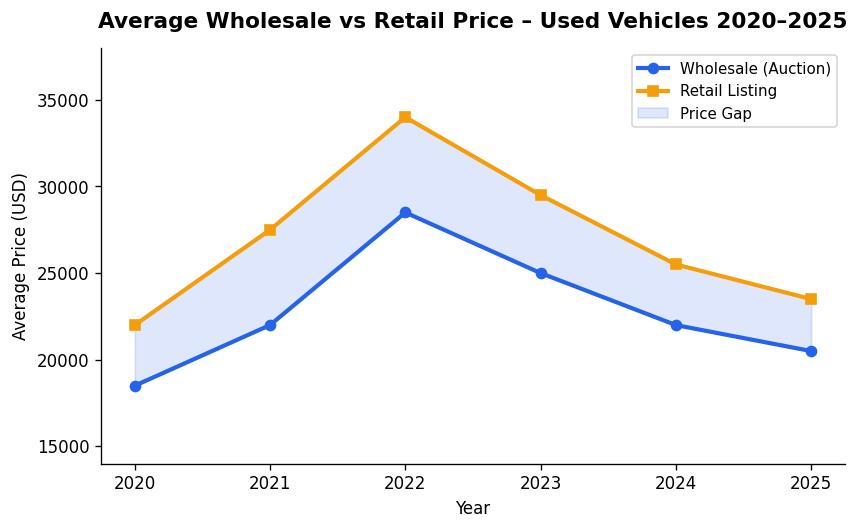 Average Wholesale vs Retail Price for Used Vehicles 2020-2025