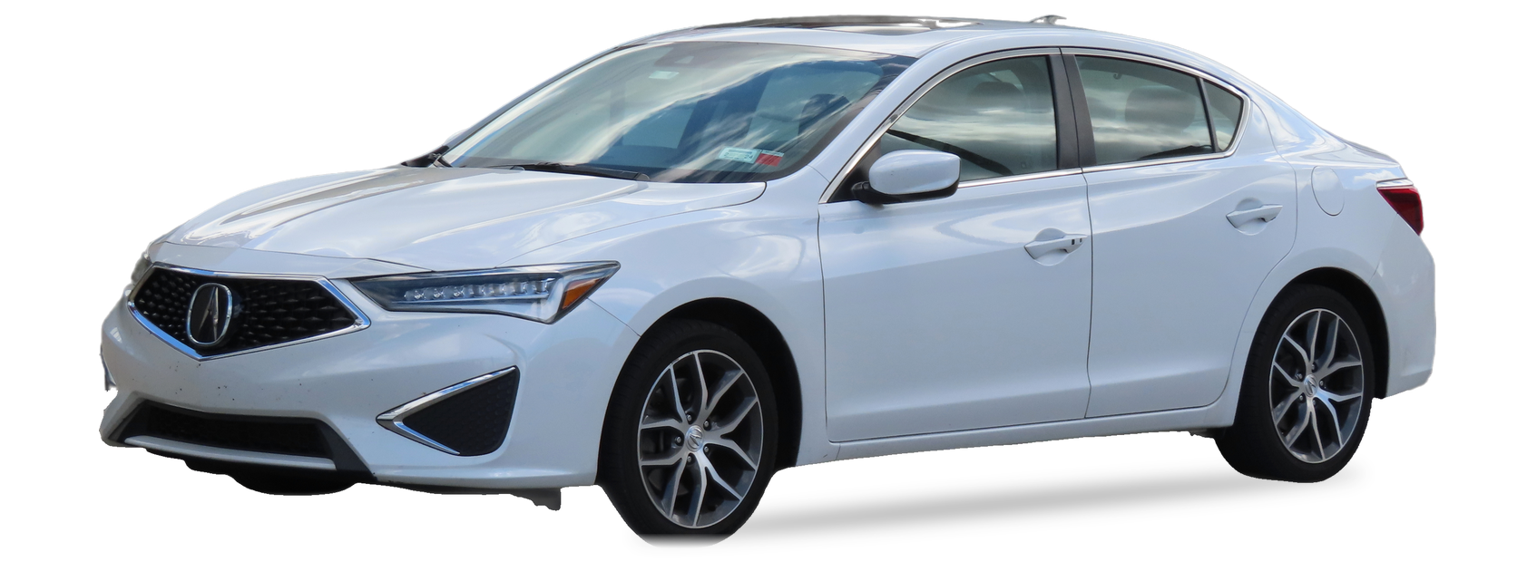 White Acura ILX (2019-2022 facelift) sedan, front three-quarter view, with the VIN locations marked