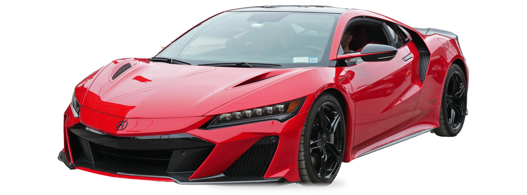 Acura NSX rojo (segunda generación), cupé, vista frontal de tres cuartos, con las ubicaciones del VIN marcadas