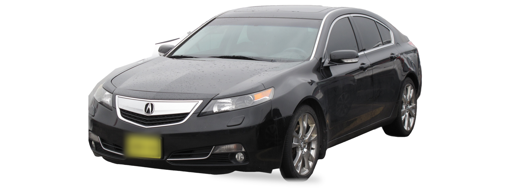 Acura TL negro (cuarta generación), sedán, vista frontal de tres cuartos, con las ubicaciones del VIN marcadas
