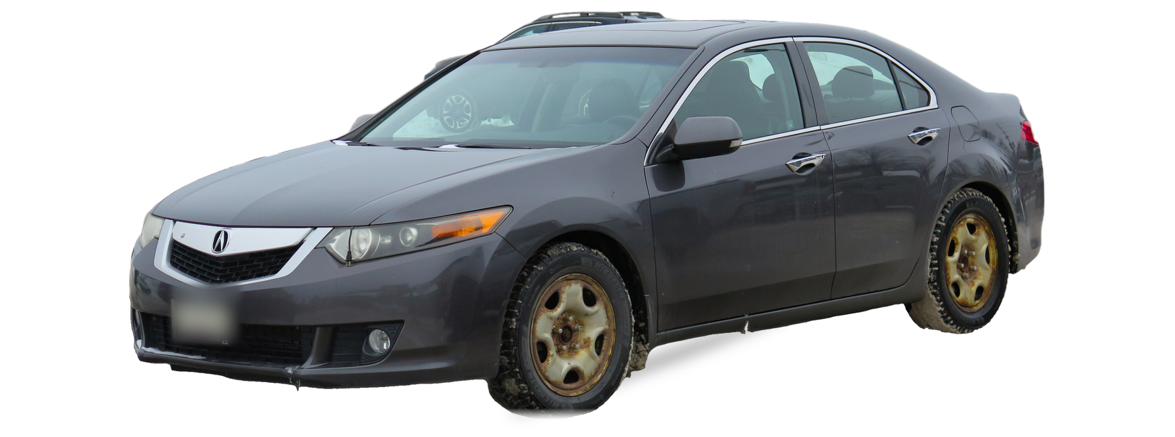Grey Acura TSX (second generation) sedan, front three-quarter view, with the VIN locations marked