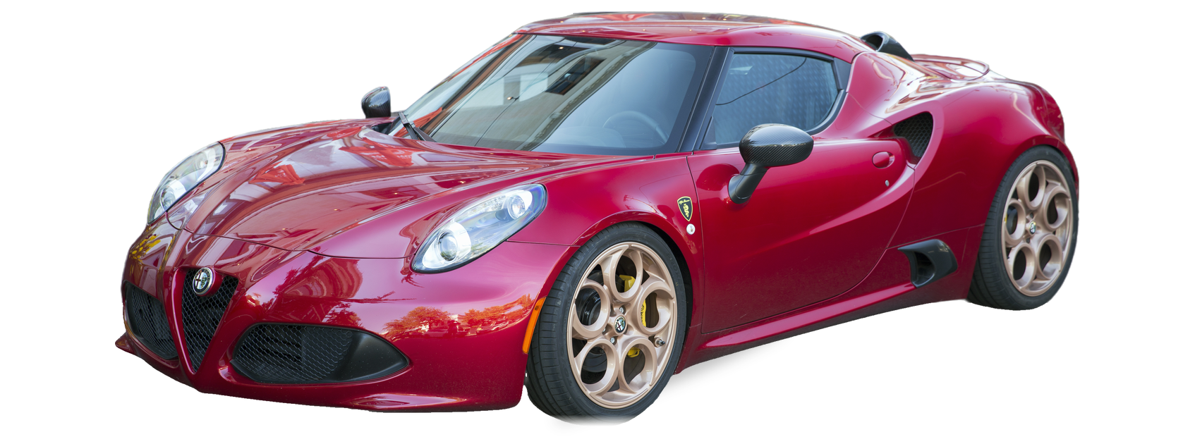 Red Alfa Romeo 4C (2015-2020) coupe, front three-quarter view, with the VIN locations marked