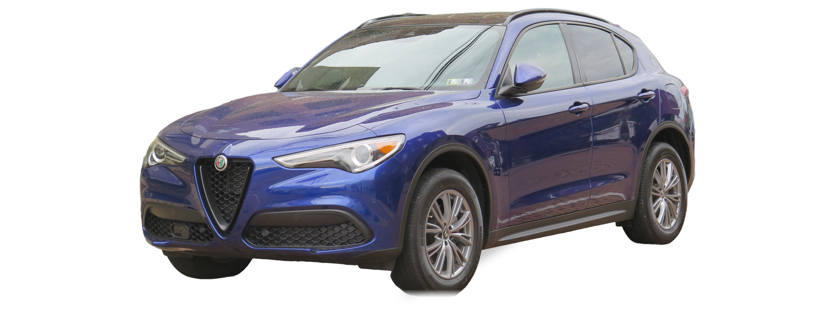 Blue Alfa Romeo Stelvio (Type 949) SUV, front three-quarter view, with the VIN locations marked