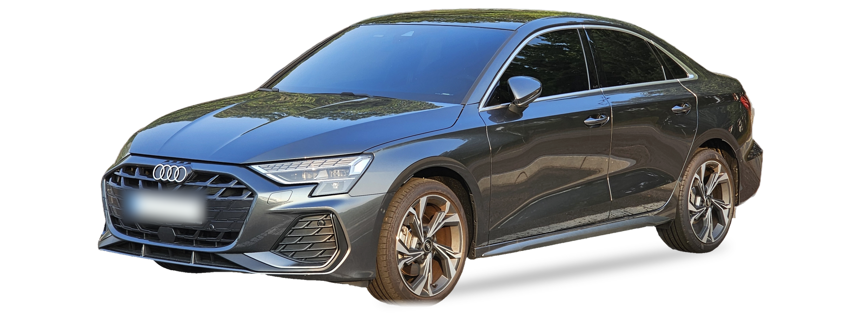 Grey Audi A3 (8Y) sedan, front three-quarter view, with the VIN locations marked