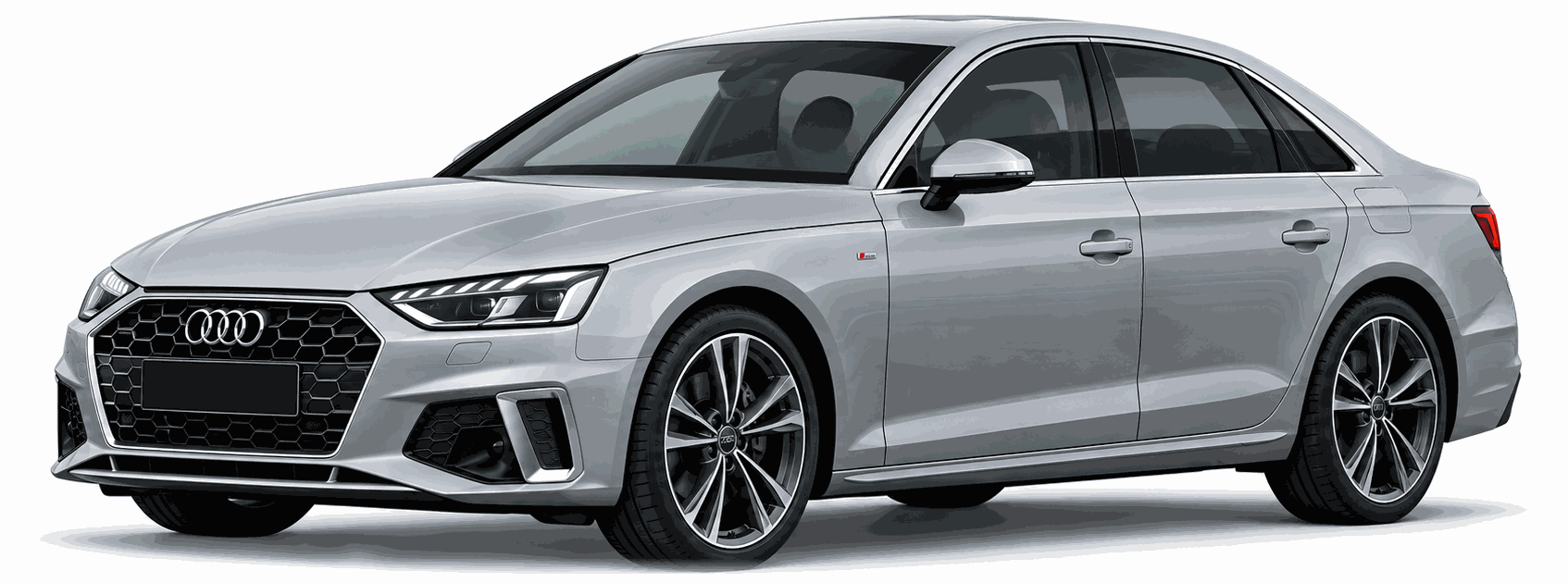Silver Audi A4 (B9) sedan, front three-quarter view, with the VIN locations marked