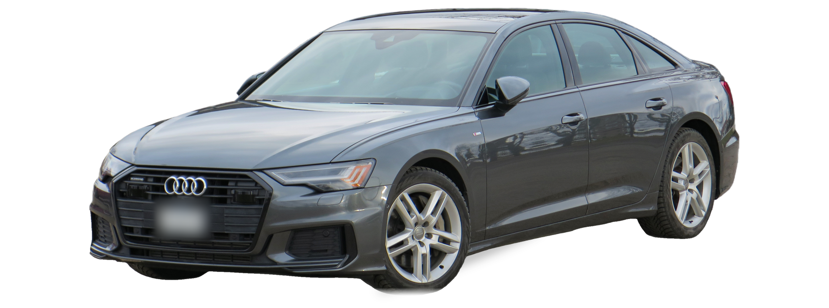 Grey Audi A6 (C8) sedan, front three-quarter view, with the VIN locations marked