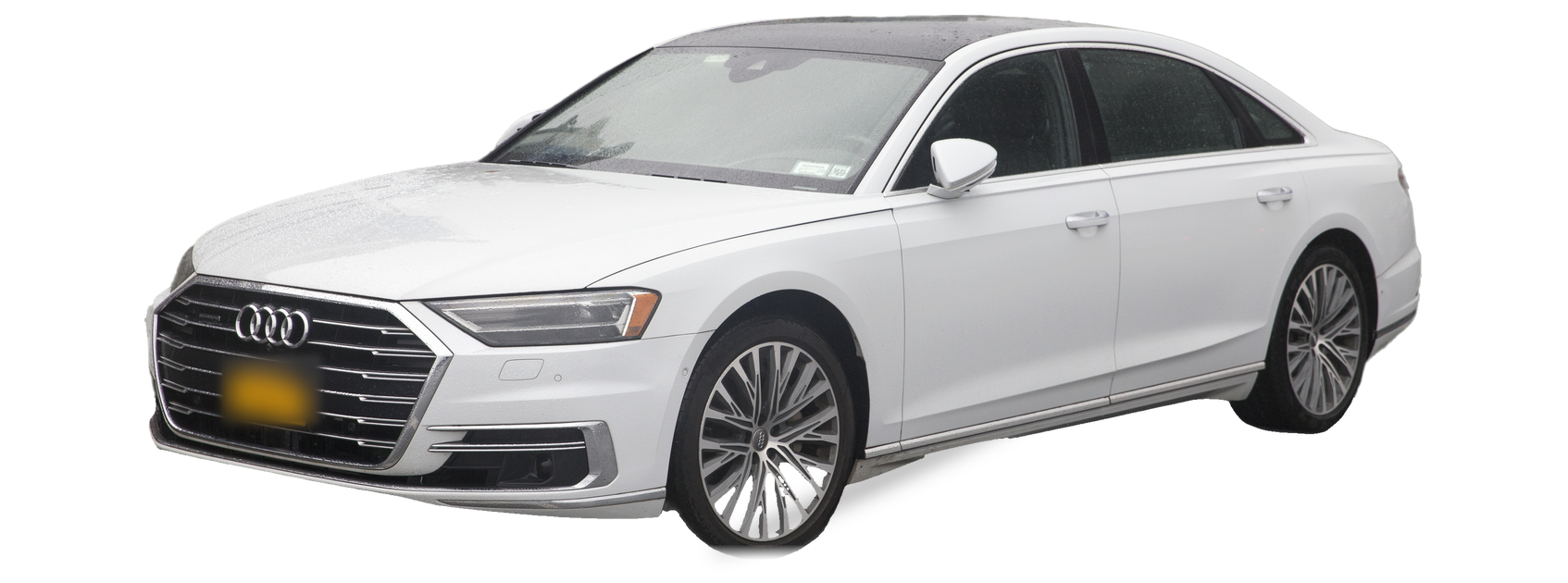 Audi A8 blanco (D5), sedán, vista frontal de tres cuartos, con las ubicaciones del VIN marcadas