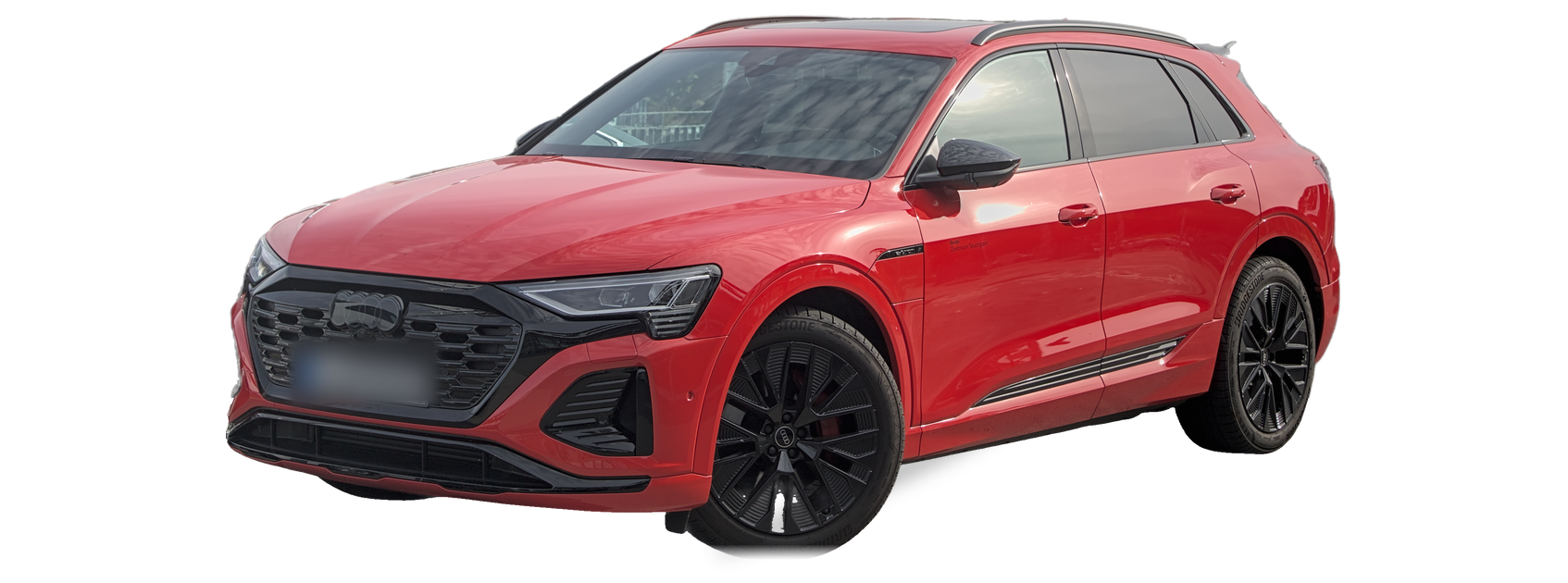 Audi e-tron rojo (versión Q8 e-tron), SUV, vista frontal de tres cuartos, con las ubicaciones del VIN marcadas
