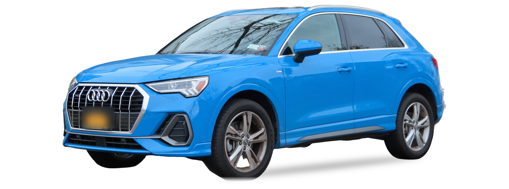 Blue Audi Q3 (F3) SUV, front three-quarter view, with the VIN locations marked