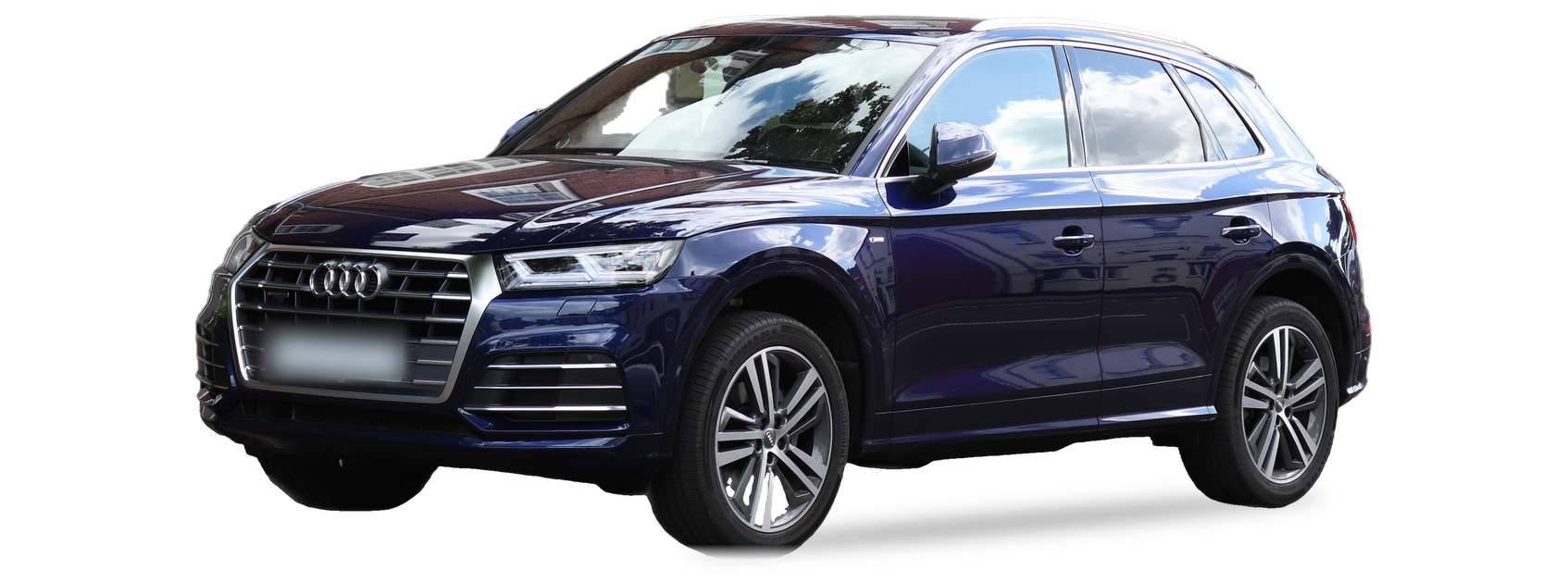 Dark blue Audi Q5 (FY) SUV, front three-quarter view, with the VIN locations marked