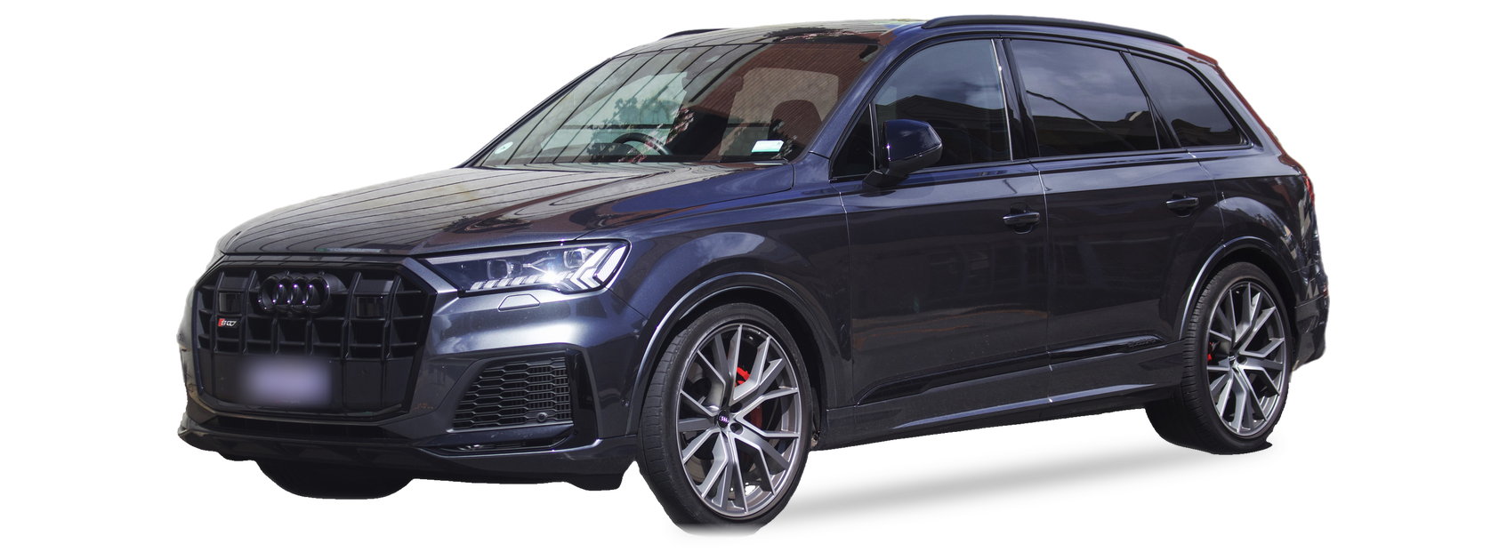 Dark grey Audi Q7 (4M facelift) SUV, front three-quarter view, with the VIN locations marked