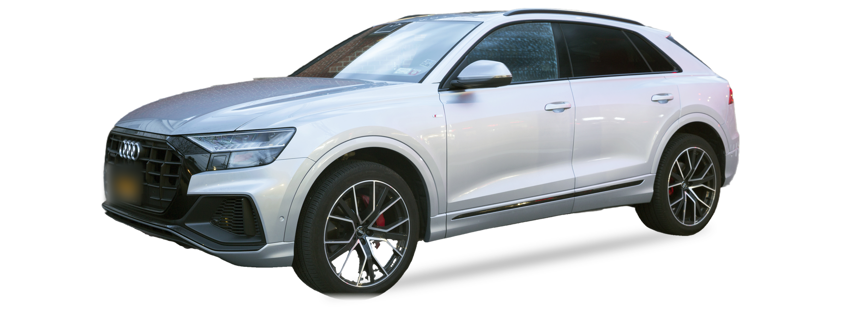 Silver Audi Q8 (first generation) SUV, front three-quarter view, with the VIN locations marked