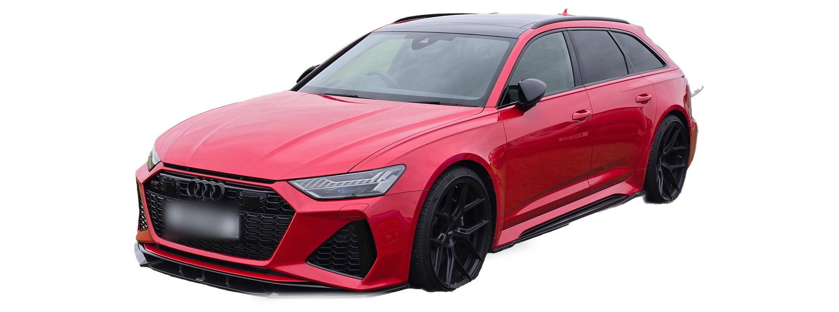 Audi RS6 rojo (C8), familiar, vista frontal de tres cuartos, con las ubicaciones del VIN marcadas