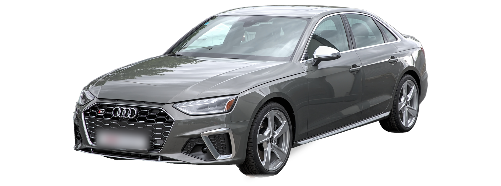 Audi S4 gris (B9 renovado), sedán, vista frontal de tres cuartos, con las ubicaciones del VIN marcadas