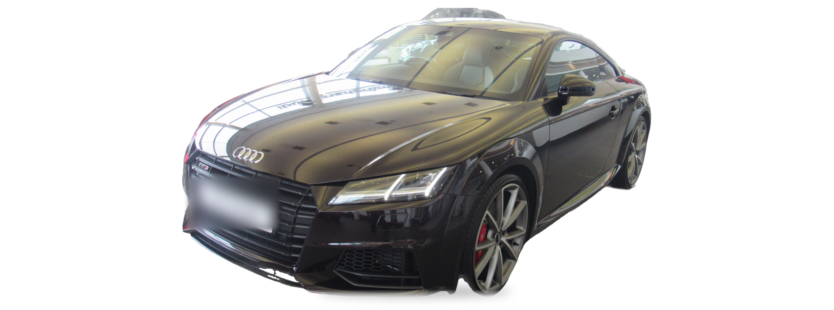 Black Audi TT (8S) coupe, front three-quarter view, with the VIN locations marked