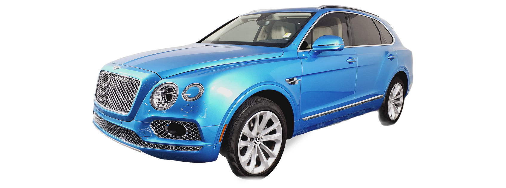 Bentley Bentayga azul (primera generación), SUV, vista frontal de tres cuartos, con las ubicaciones del VIN marcadas