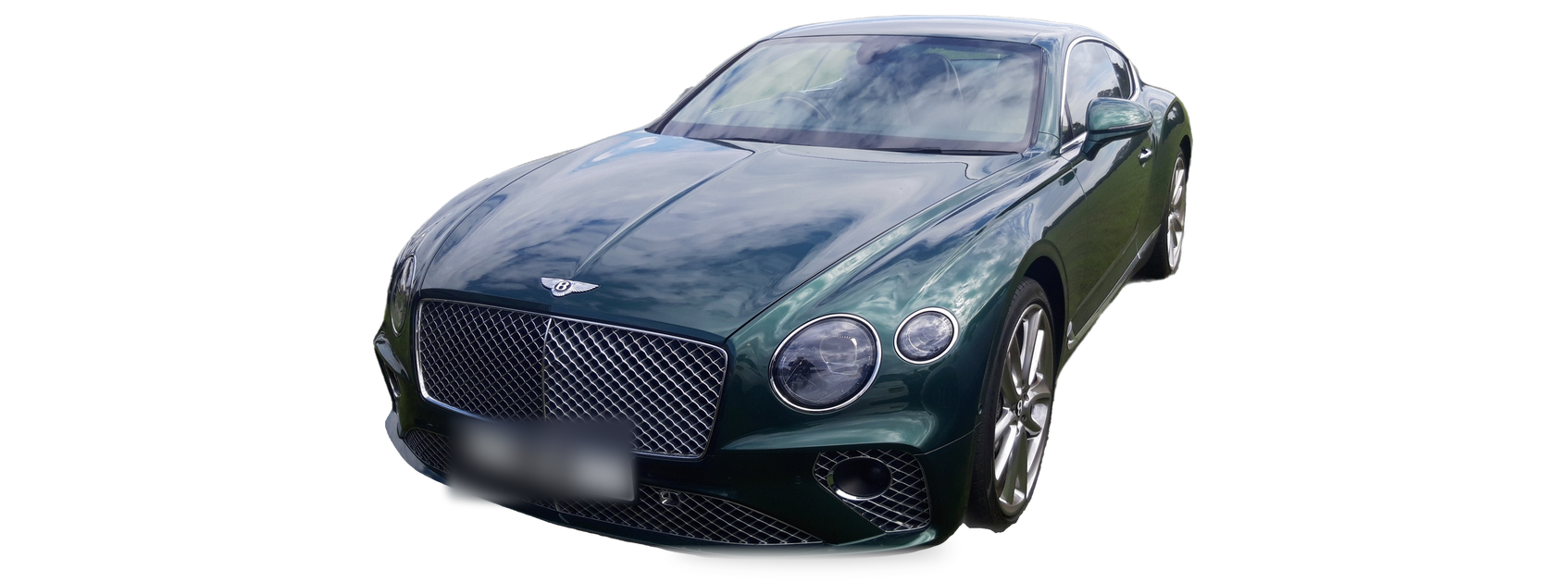 Bentley Continental GT verde oscuro (tercera generación), cupé, vista frontal de tres cuartos, con las ubicaciones del VIN marcadas