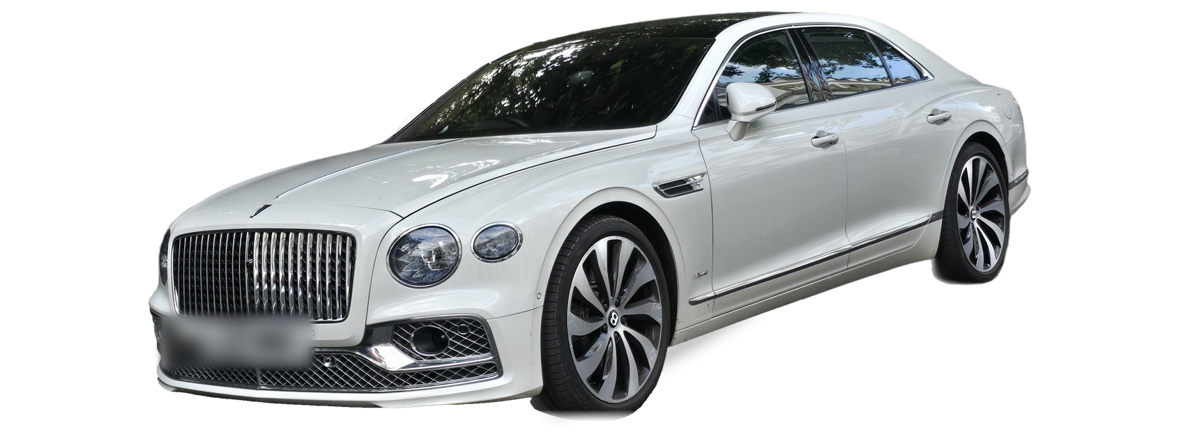 White Bentley Flying Spur (third generation) sedan, front three-quarter view, with the VIN locations marked