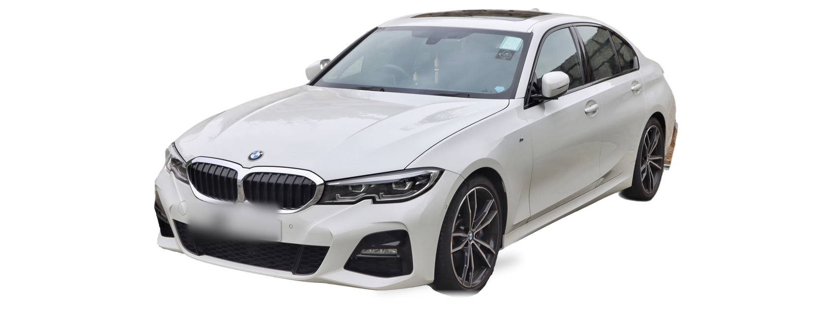 BMW 3 Series blanco (G20), sedán, vista frontal de tres cuartos, con las ubicaciones del VIN marcadas