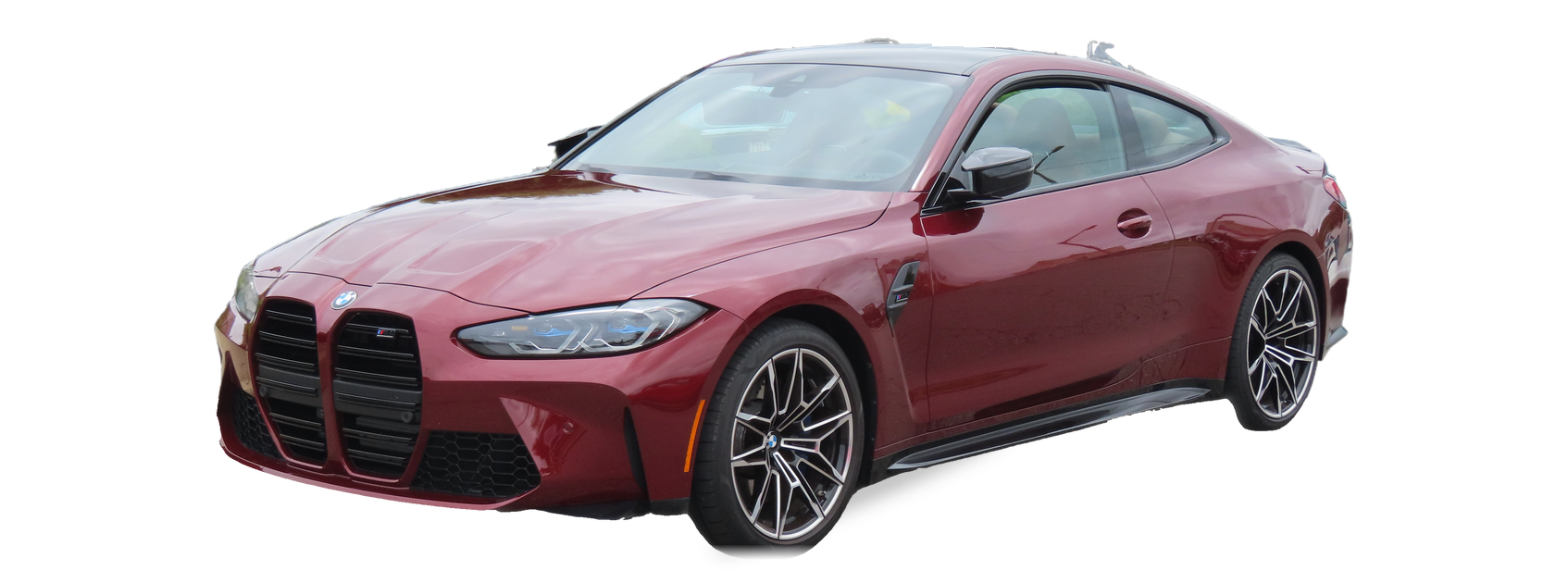 BMW 4 Series rojo (G22/G82), cupé, vista frontal de tres cuartos, con las ubicaciones del VIN marcadas