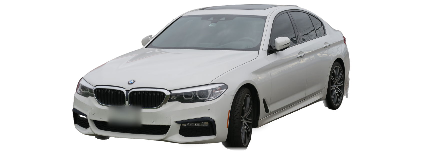 White BMW 5 Series (G30) sedan, front three-quarter view, with the VIN locations marked