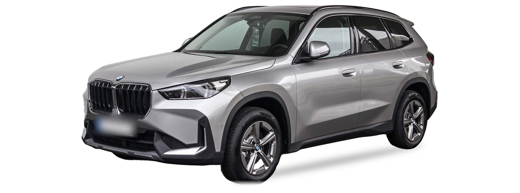 BMW X1 gris (U11), SUV, vista frontal de tres cuartos, con las ubicaciones del VIN marcadas