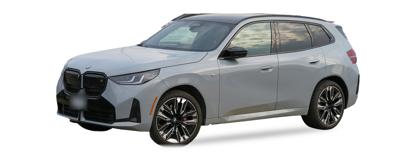 Grey BMW X3 (G45) SUV, front three-quarter view, with the VIN locations marked