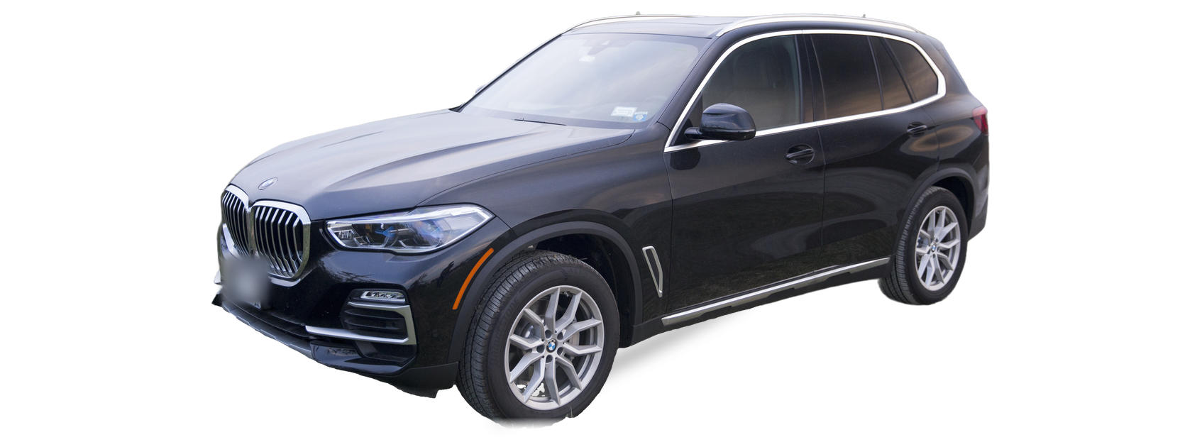 BMW X5 negro (G05), SUV, vista frontal de tres cuartos, con las ubicaciones del VIN marcadas