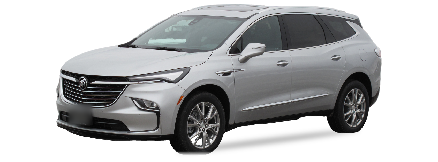 Silver Buick Enclave (second generation) SUV, front three-quarter view, with the VIN locations marked