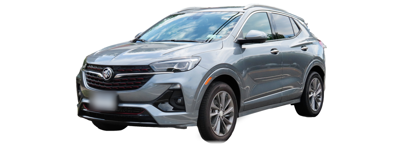 Buick Encore GX gris (primera generación), SUV, vista frontal de tres cuartos, con las ubicaciones del VIN marcadas