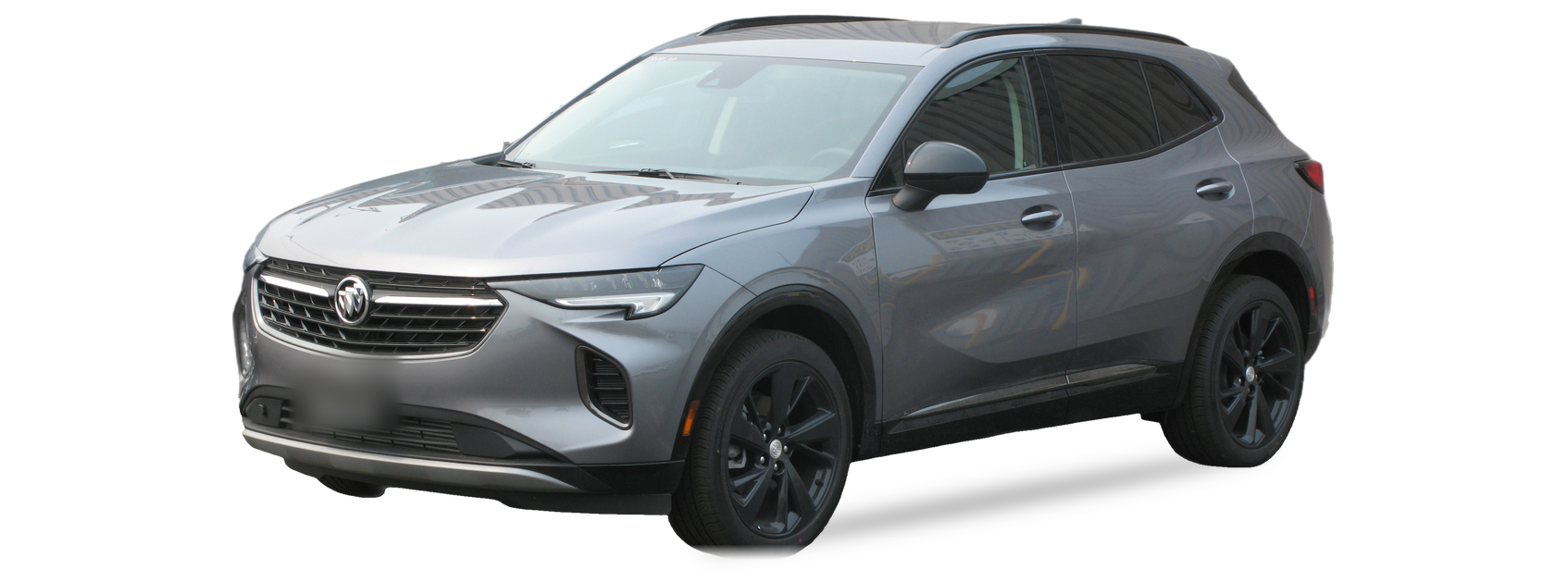 Grey Buick Envision (second generation) SUV, front three-quarter view, with the VIN locations marked