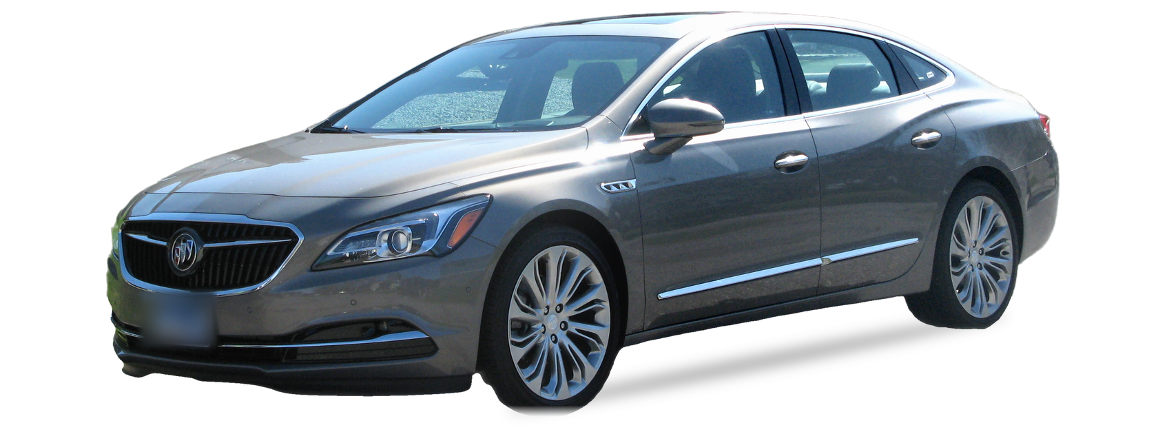 Buick LaCrosse gris (tercera generación), sedán, vista frontal de tres cuartos, con las ubicaciones del VIN marcadas