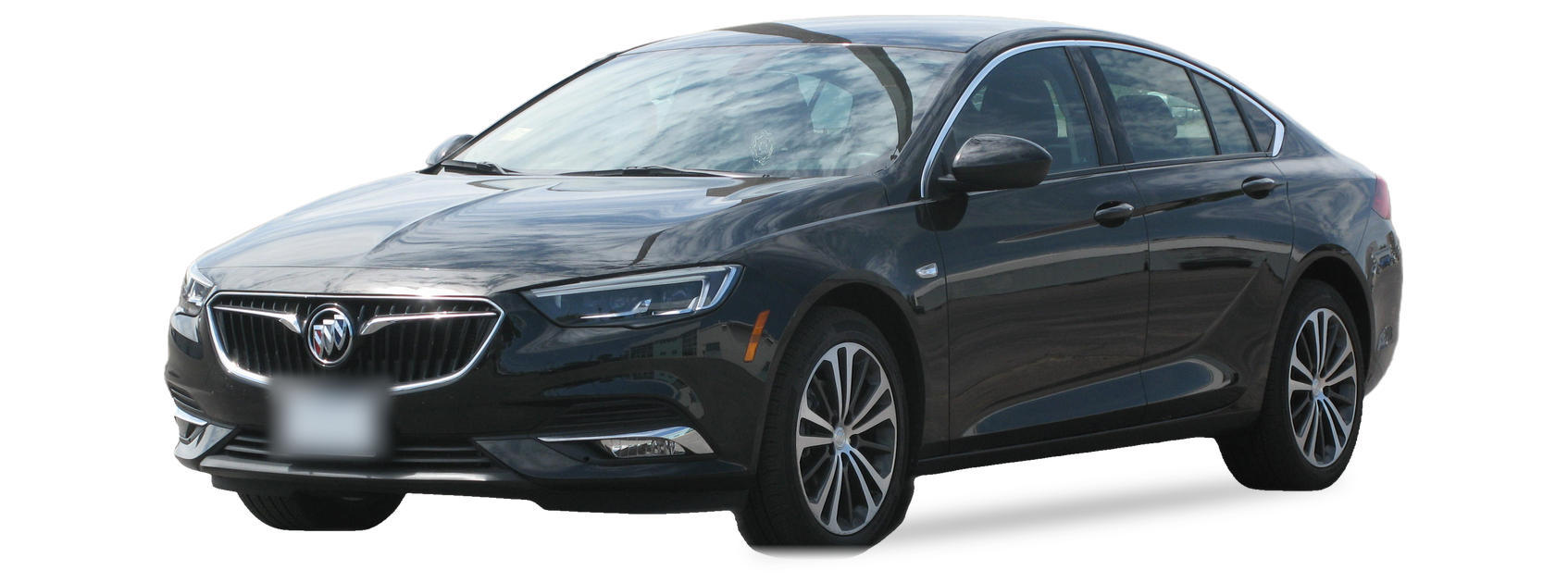 Dark grey Buick Regal (sixth generation) liftback, front three-quarter view, with the VIN locations marked