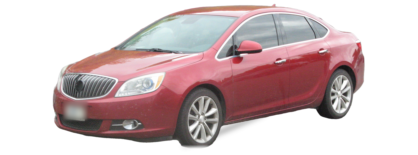 Red Buick Verano (2012-2017) sedan, front three-quarter view, with the VIN locations marked