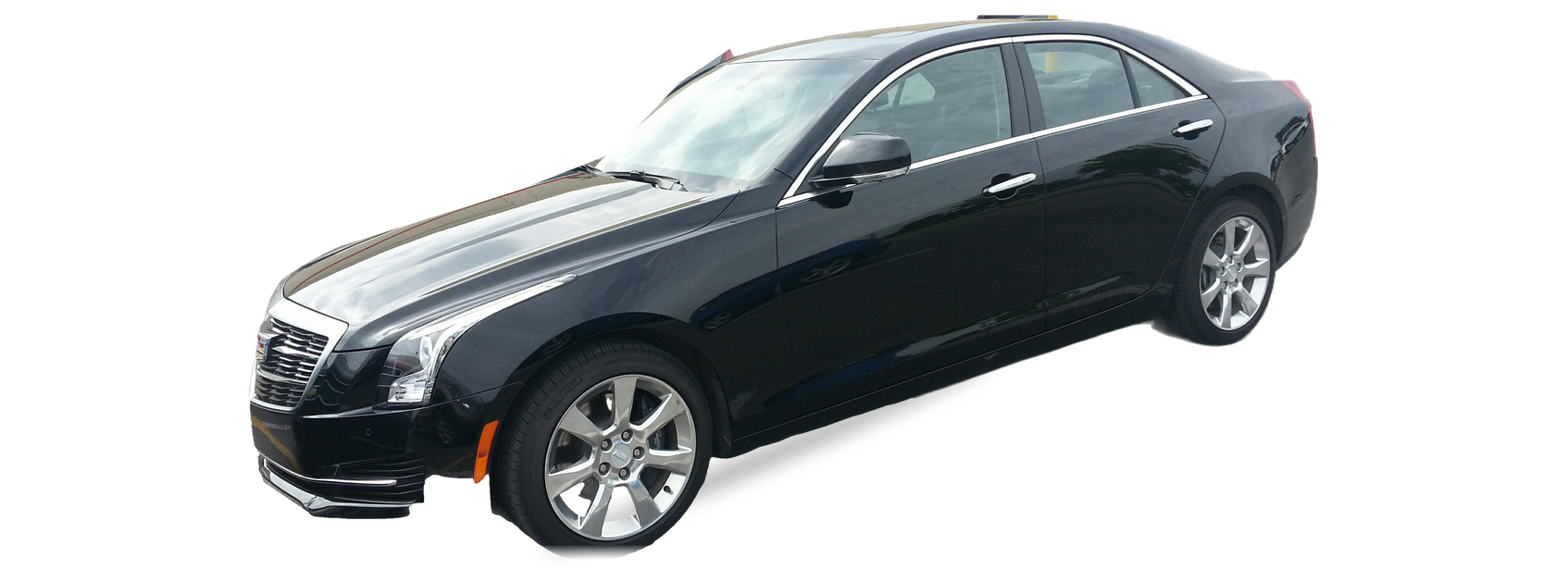 Black Cadillac ATS (2013-2019) sedan, front three-quarter view, with the VIN locations marked