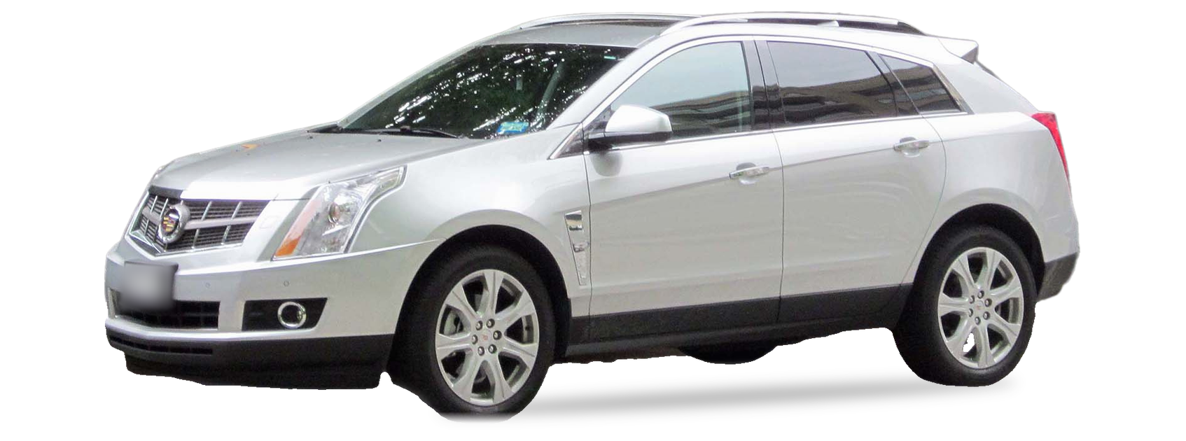 Silver Cadillac SRX (second generation) crossover, front three-quarter view, with the VIN locations marked