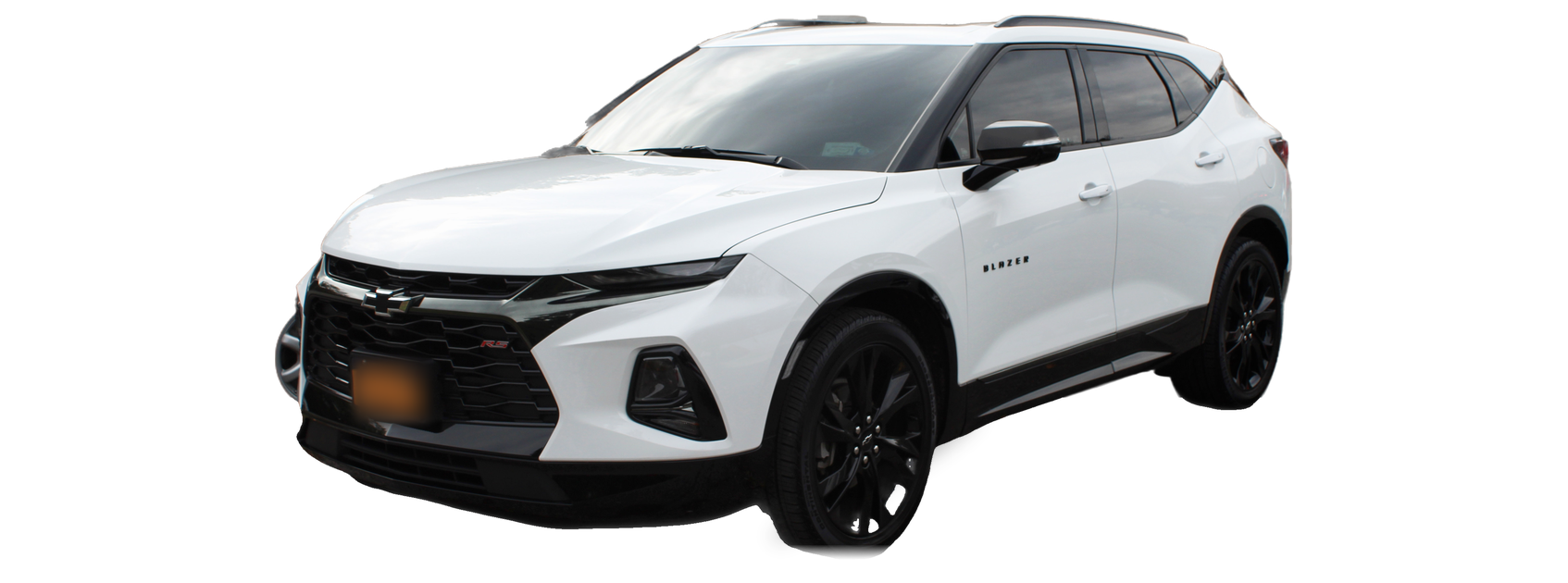 Chevrolet Blazer blanco (generación 2019+), SUV, vista frontal de tres cuartos, con las ubicaciones del VIN marcadas