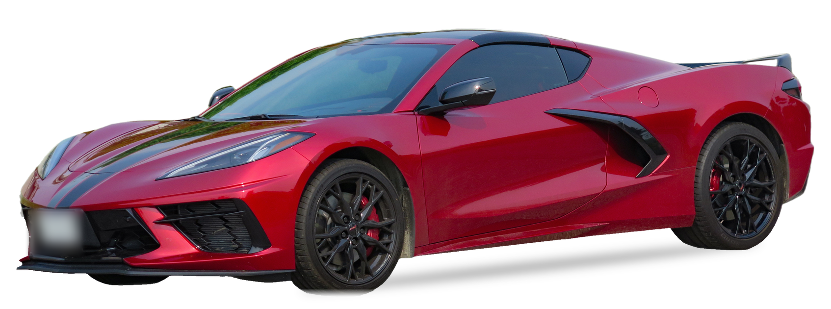 Chevrolet Corvette rojo (generación C8), cupé, vista frontal de tres cuartos, con las ubicaciones del VIN marcadas