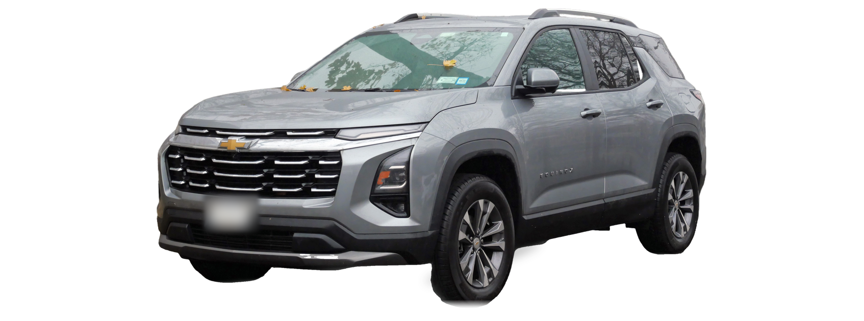 Chevrolet Equinox gris (cuarta generación), SUV, vista frontal de tres cuartos, con las ubicaciones del VIN marcadas