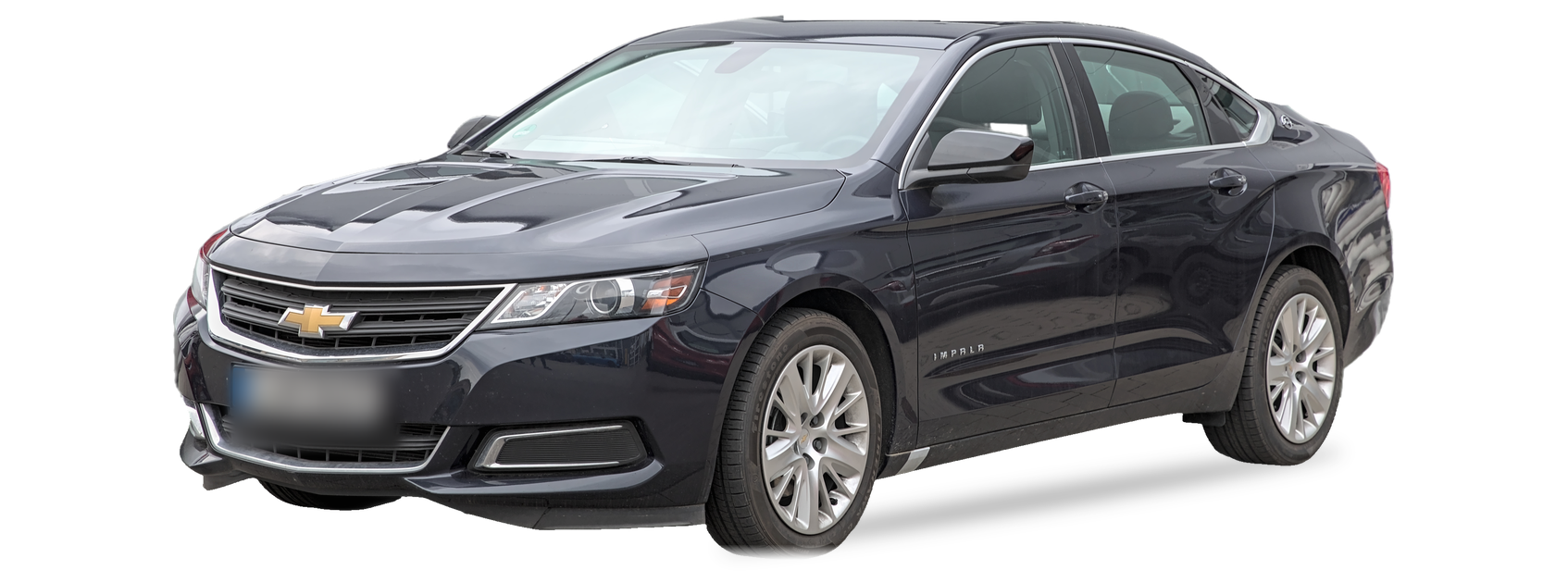 Black Chevrolet Impala (tenth generation) sedan, front three-quarter view, with the VIN locations marked