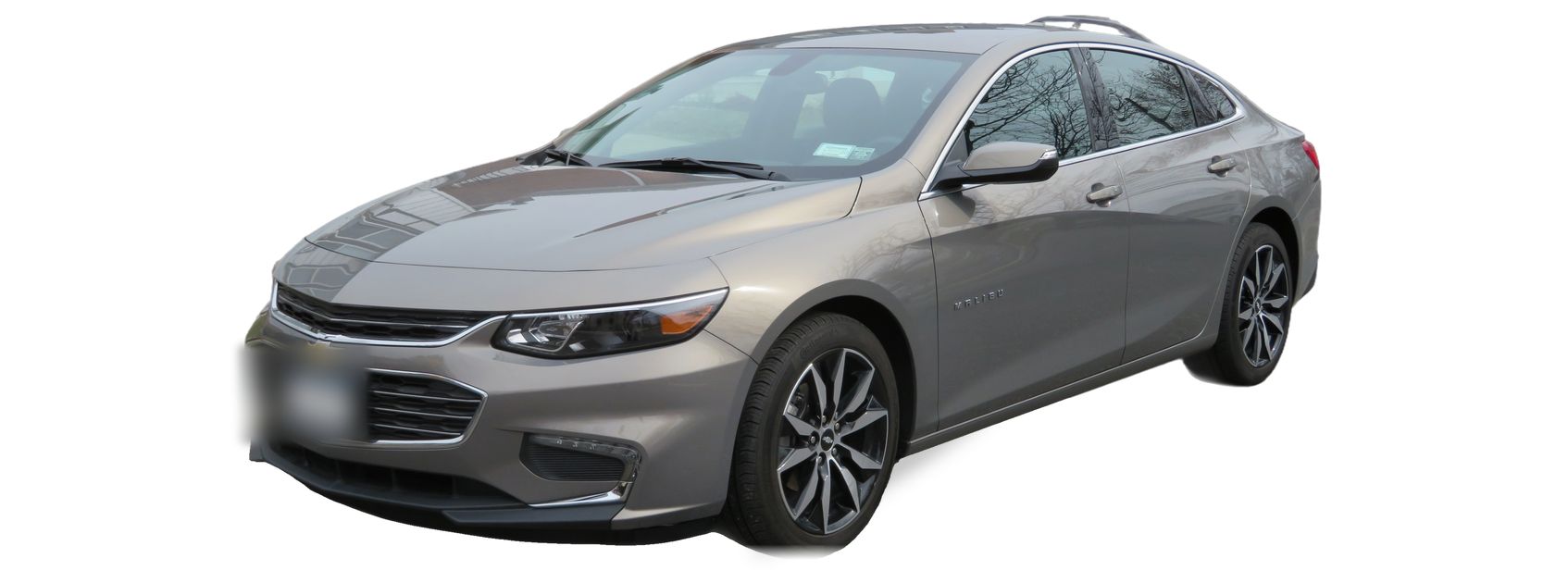 Grey Chevrolet Malibu (ninth generation) sedan, front three-quarter view, with the VIN locations marked