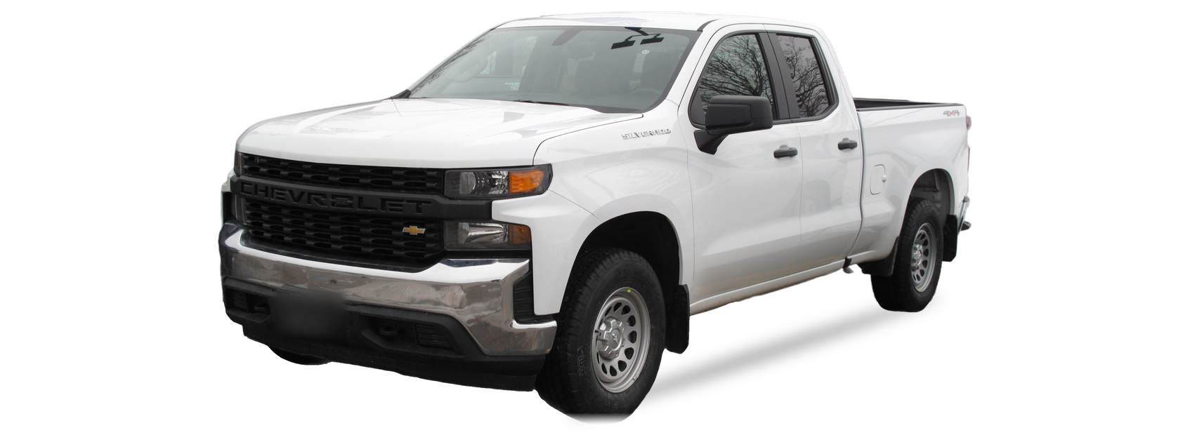 White Chevrolet Silverado (fourth generation) crew cab pickup, front three-quarter view, with the VIN locations marked