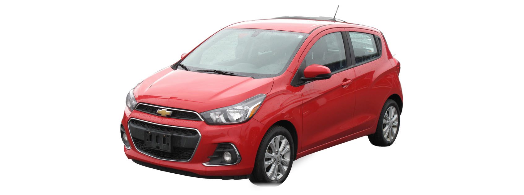 Chevrolet Spark rojo (cuarta generación), hatchback, vista frontal de tres cuartos, con las ubicaciones del VIN marcadas