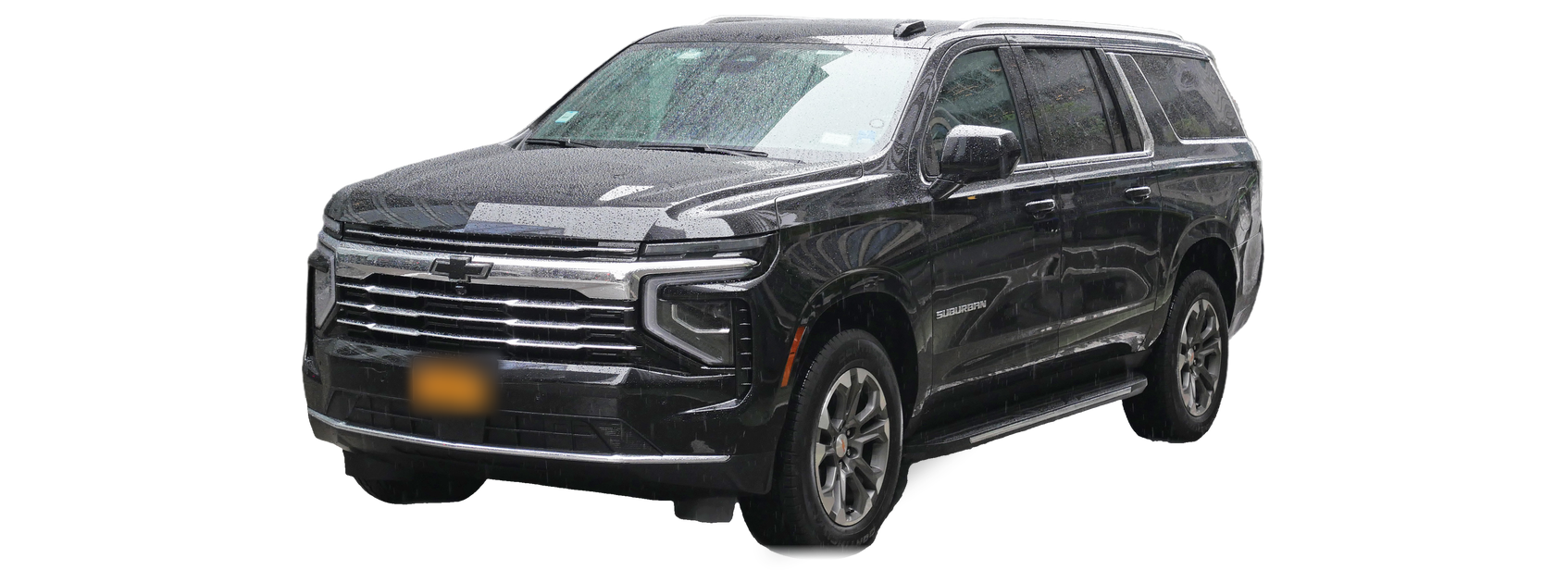 Chevrolet Suburban negro (12.ª generación), SUV, vista frontal de tres cuartos, con las ubicaciones del VIN marcadas