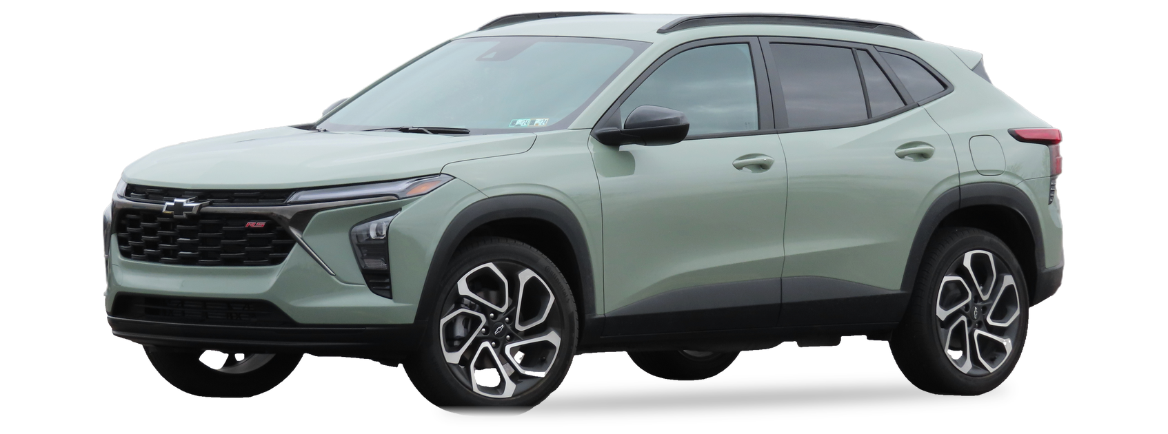 Chevrolet Trax verde (segunda generación), crossover, vista frontal de tres cuartos, con las ubicaciones del VIN marcadas