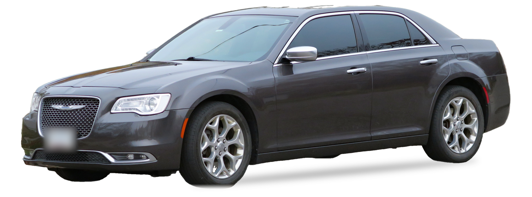 Chrysler 300 gris oscuro (segunda generación), sedán, vista frontal de tres cuartos, con las ubicaciones del VIN marcadas