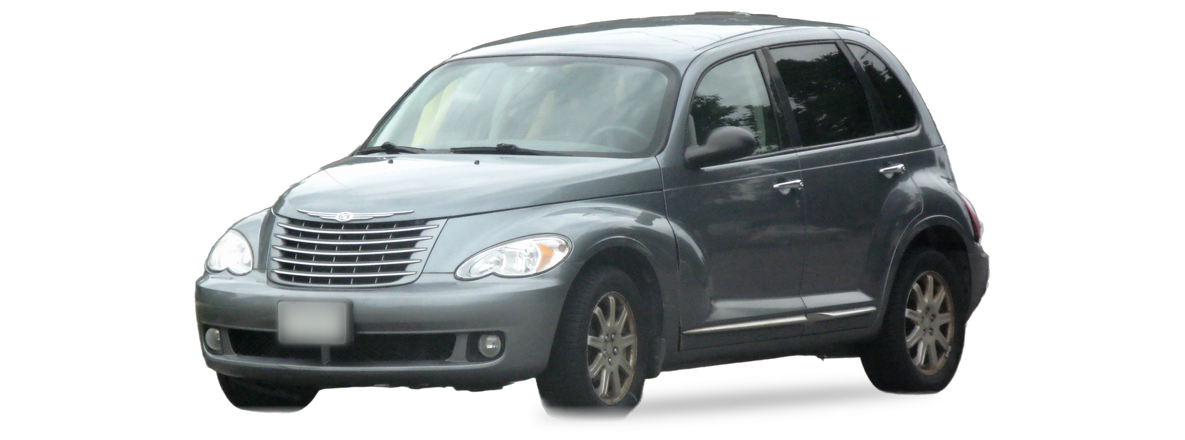 Chrysler PT Cruiser gris (versión 2006-2010), vista frontal de tres cuartos, con las ubicaciones del VIN marcadas