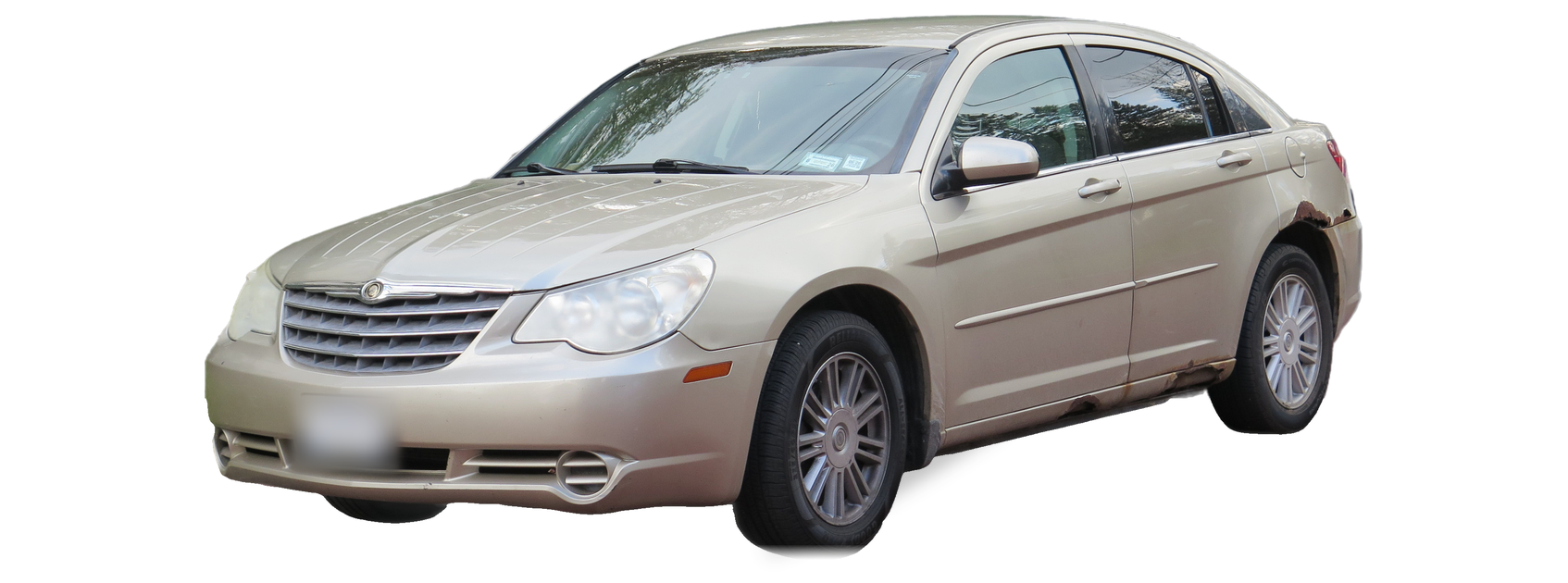 Chrysler Sebring dorado (tercera generación), sedán, vista frontal de tres cuartos, con las ubicaciones del VIN marcadas