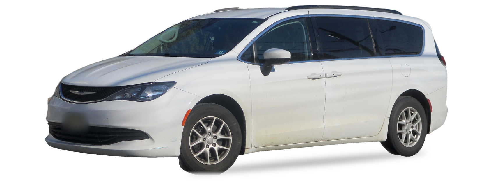 White Chrysler Voyager (2020-2025 generation) minivan, front three-quarter view, with the VIN locations marked