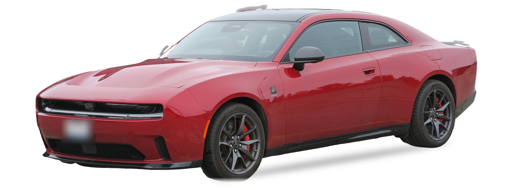 Dodge Charger rojo (octava generación), cupé, vista frontal de tres cuartos, con las ubicaciones del VIN marcadas